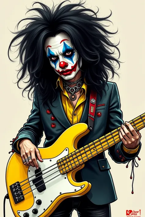 Punk sad clown With curly black hair down, Hair like Slash, Curly hair, bassist of a punk style band, drawing, Drawing style, Emo bassist, sad punk clown, young y2k Style, Straight and wavy hair, Band bassist, yellow and white bass 