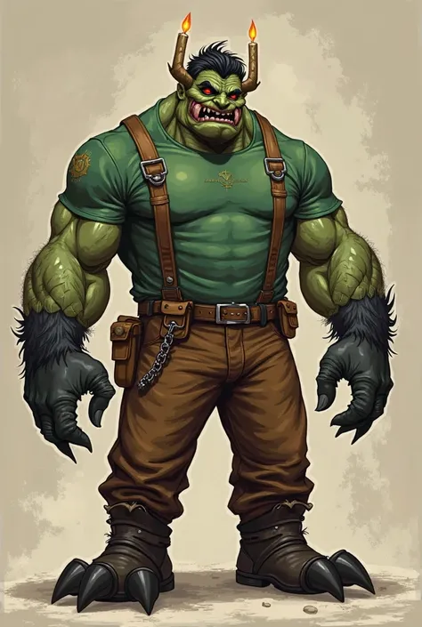 He's a miner monster, wearing a green t-shirt, suspenders, and brown pants,Black socks,Brown boots ,He's a huge, muscular miner monster with dark hair and candlesticks. His eyes are red, so he can't see the shape of his eyes.