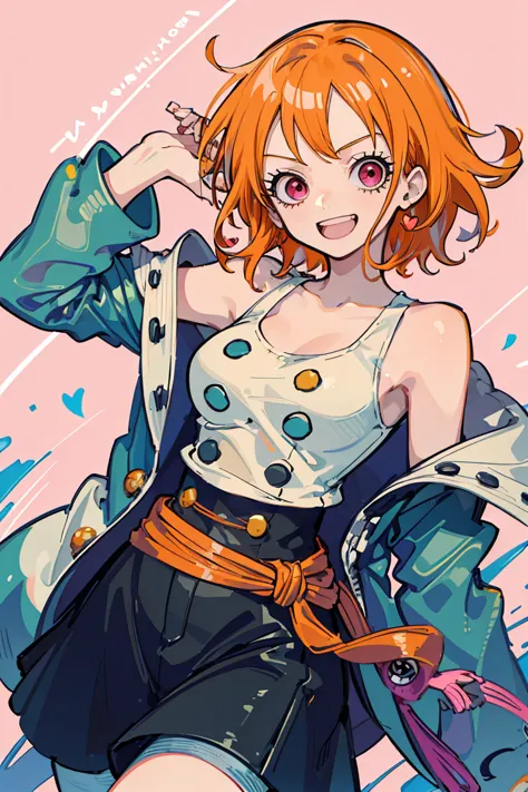 (( One Piece Nami)),1 girl, (storm,Heavy Rain,bad weather),  colorful clothes,  orange hair,  has a bright smile, ribbons,  jump,pink eyes, (( heart eye )), Pale background,, colorful hair leaving shoulders, Halterbra, Tonality,  romanticism , modern art, ...