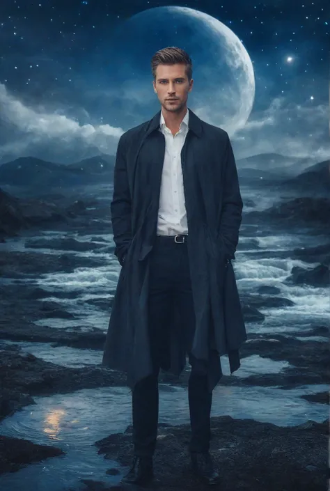 handsome handsome handsome attractive man with short hair dark, with blue eyes that reflect wisdom and mystery, he is standing in a surreal landscape, with floating water that forms circles around him. He is the guardian of House 12 the house of Pisces, su...