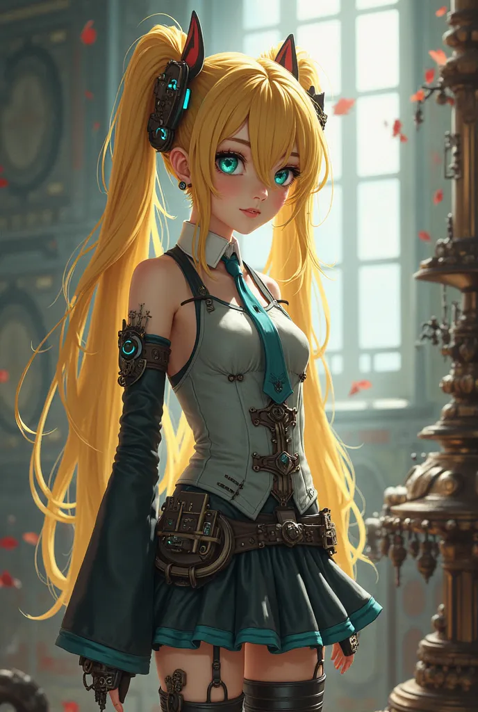  Hatsune Miku, steampunk。Eyes are light blue。silver-haired and Japanese.。 girls on the left。 Steampunk clothing。背景は steampunkな街。 game characters 。 anime style。The pose is low、backlighting makes her look evil,miniskirt,kitten,full body,yellow hair ,long boo...