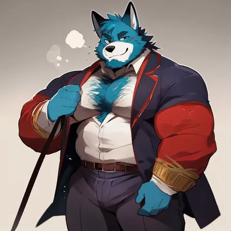 fox, furry, blue fur, handsome, very muscular, very big, extremely hot and sexy, beard, hair, chest hair, charming eyes, solo, male, happy expression, daddy, full body, big body, clothes, middle aged, by hyaku, by darkgem, by glitter trap boy