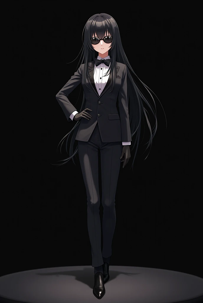 1 anime girl, long black hair, black tuxedo, black gloves,  dark black lenses ., (black platform on black background),slightly youthful appearance.