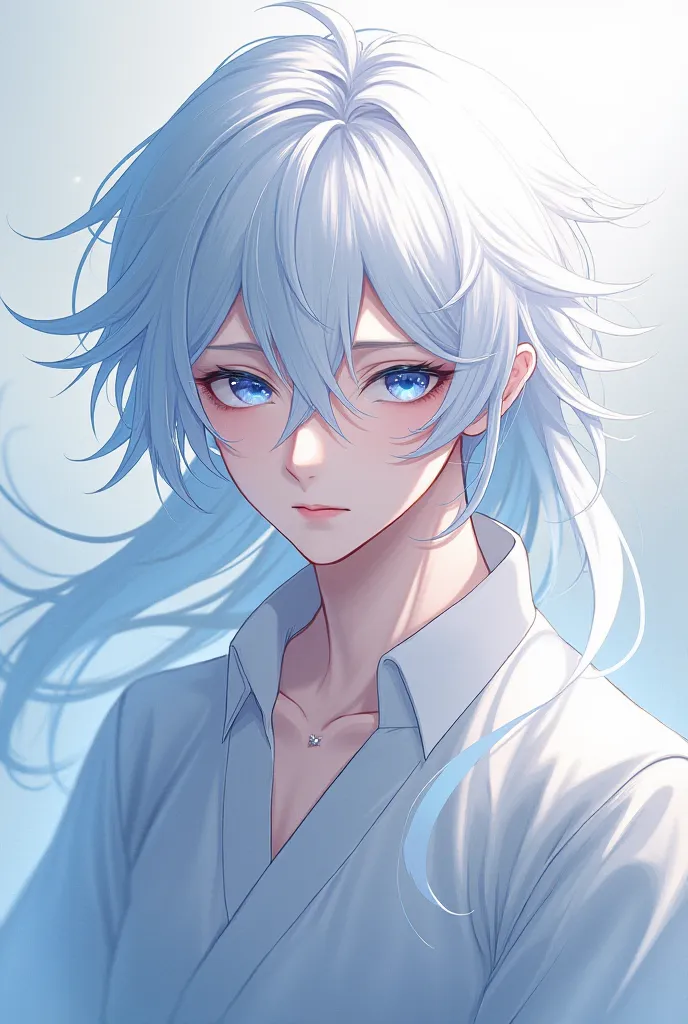  An anime boy, white hair, long hair, with bangs, beautiful, bright blue eyes,  White Eyelashes , design,  Japanese anime .