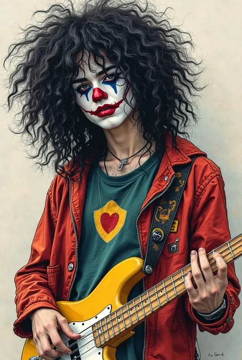 Punk sad clown With curly black hair down, Hair like Slash, Curly hair, bassist of a punk style band, drawing, Drawing style, Emo bassist, sad punk clown, young y2k Style, Straight and wavy hair, Band bassist, yellow and white bass, Hair curly hair 