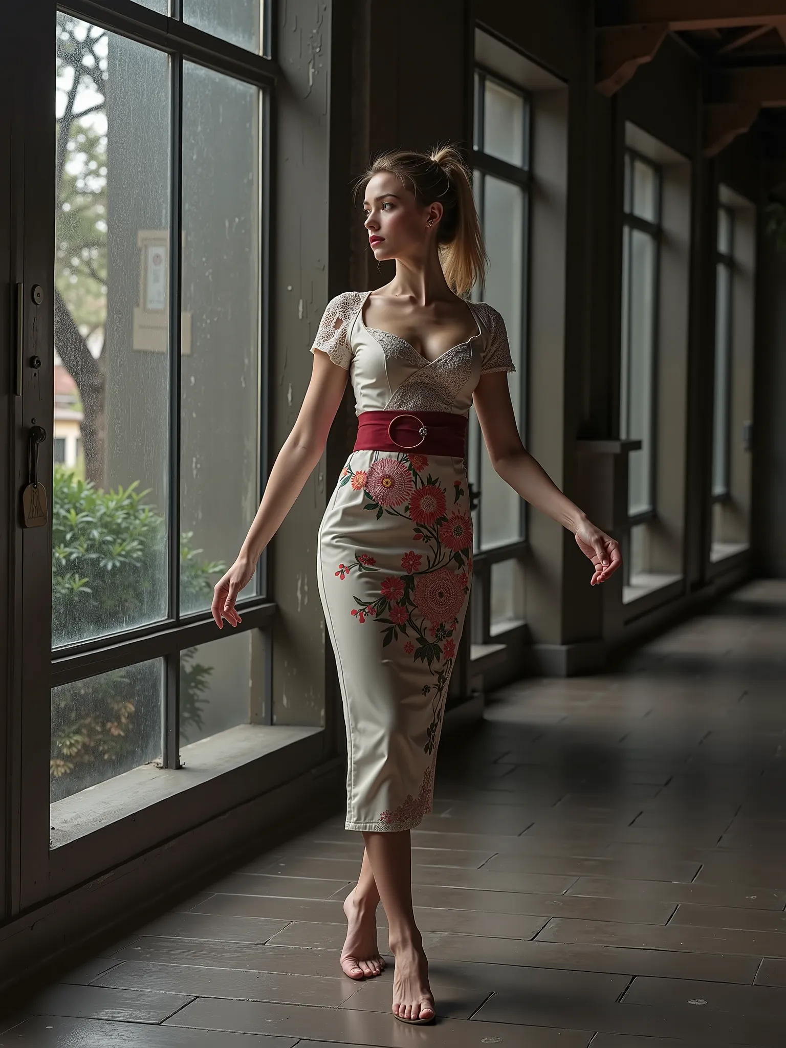    A slender Caucasian woman with a white complexion who wears a short-sleeved Kimono dress with a pencil skirt or an A skirt ,  lace details on the sleeves  , Obi color Burgundy ,    the collar and hem of the skirt and a Japanese floral decoration   .