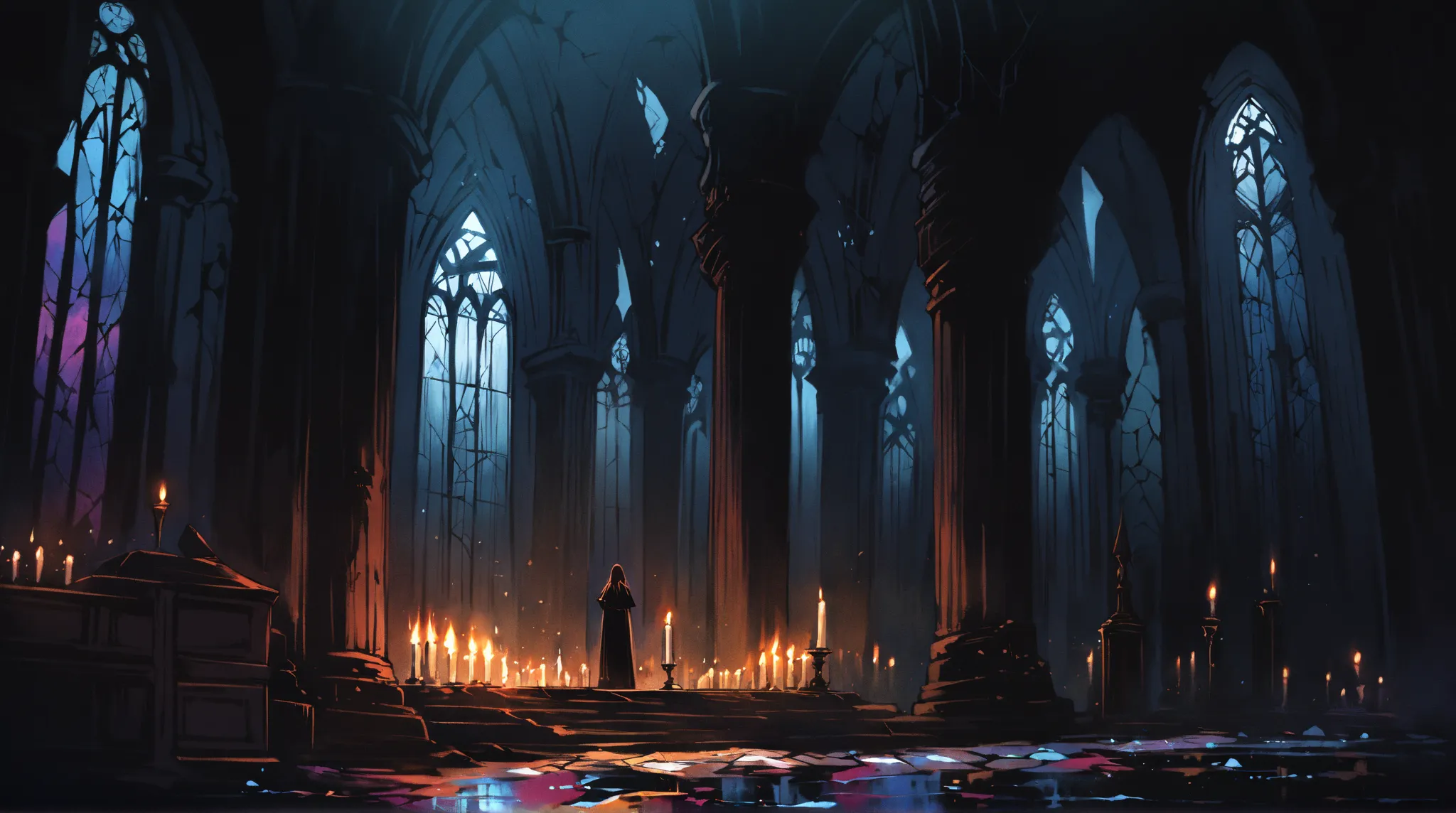 A dark, abandoned cathedral with shattered stained glass, moonlight streaming through the cracks, illuminating floating dust particles. The massive, broken crucifix casts an eerie shadow on the floor. Torn Bible pages and a spilled wine glass lie scattered...