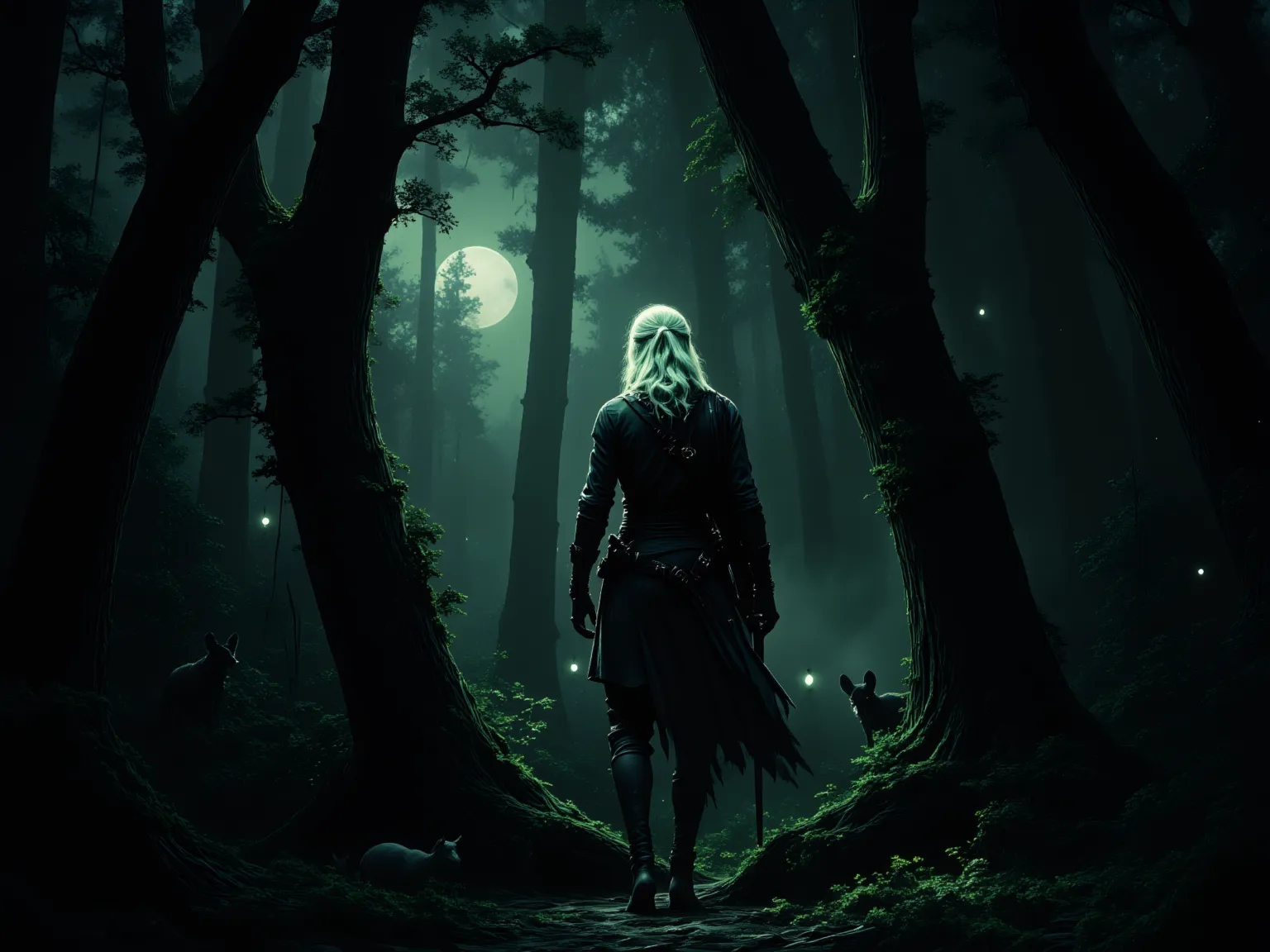 A figure stands in the heart of a dense, moonlit forest, his presence both commanding and serene. His vibrant green eyes glow faintly in the darkness, reflecting his heightened senses and connection to the natural world. His white hair cascades over his sh...