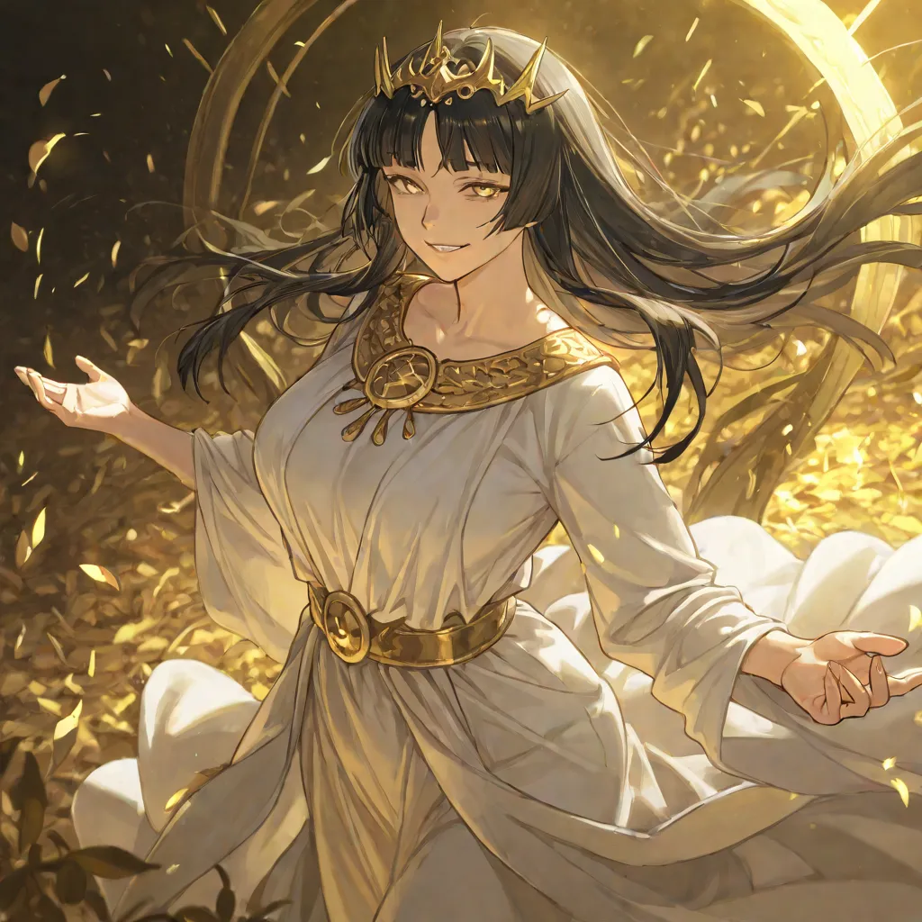 1 woman, goddess, long black hair with hime cut bangs flying in the wind, white dress with ancient Greek neckline, tiara of gold leaves, gold eyes, with her hands extended forward where a golden light comes out of her hands like a power, mature female, mat...