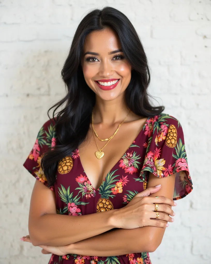 **"A highly detailed portrait of a smiling woman with a warm and confident expression. She has smooth, natural skin, expressive dark eyes, and well-defined lips adorned with subtle red lipstick. Her straight black hair falls gently over her shoulders, fram...