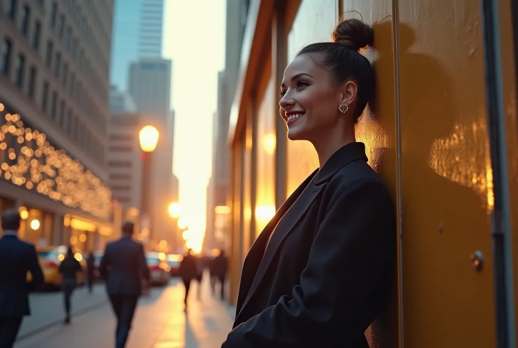 anime, A woman dressed stylishly on a street corner is waiting for people with a happy face, looking away, She's standing with her back against the wall of a building, A man waving his hand at her and running, sparkle, cinematic lighting, glowing light, 8k...