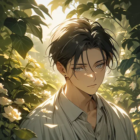 Ultra detailed, Highres, absurdres, HDR, Levi Ackerman, black hair, grey eyes, Shingeki No Kyojin, extremely handsome, 1 man only, green leaves, flowers and petals, summer, naked