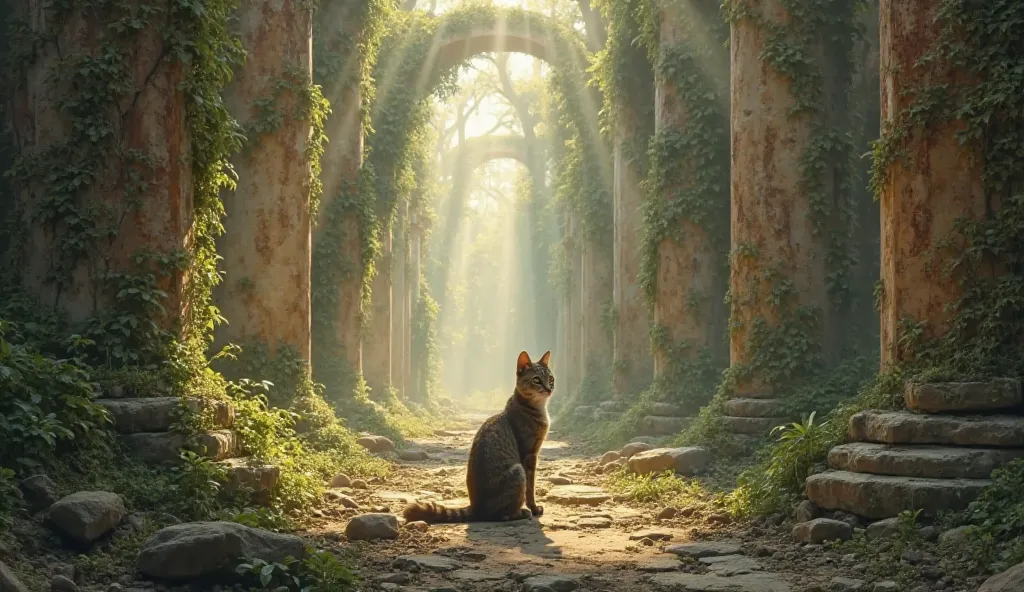 Cat sitting in a huge ruin