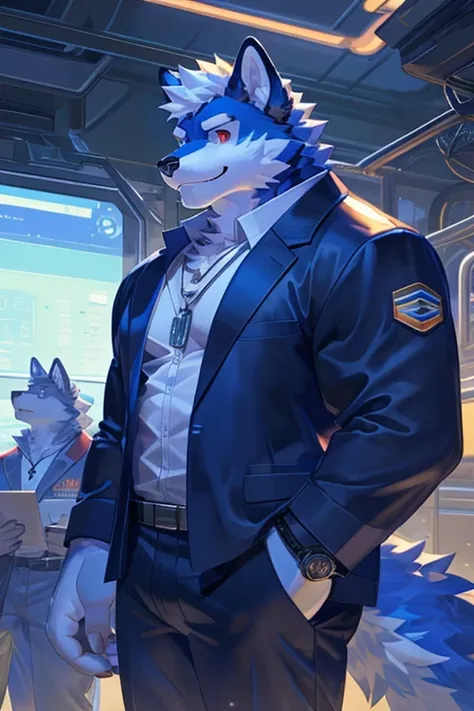 alone,doll,furry的,furry的 male, Blue Wolf,((furry fur, furry, furry的 body)), (Blue Wolf), vibrant blue body,  red eyes, Tail, deTailed furry fur, deTailed face, Smile, deTailed eyes, deTailed white chest, Thick eyebrows, White hair,  short hair, full body, ...