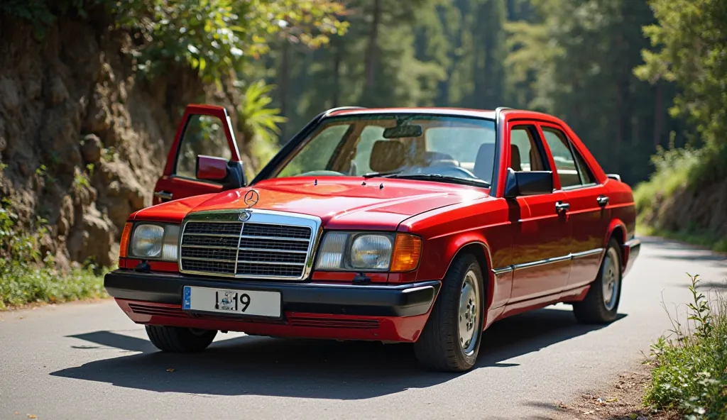 1990 Marcedes e190 car red shine open door view on road 