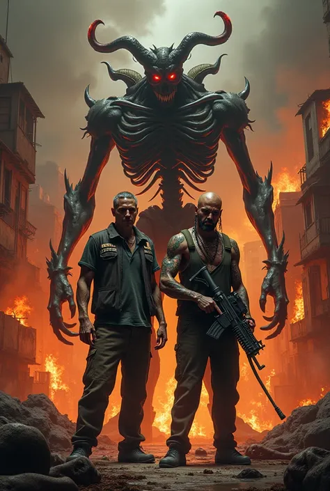 Demon next to an armed drug dealer in hell and favela with fire and dead bodies all around.