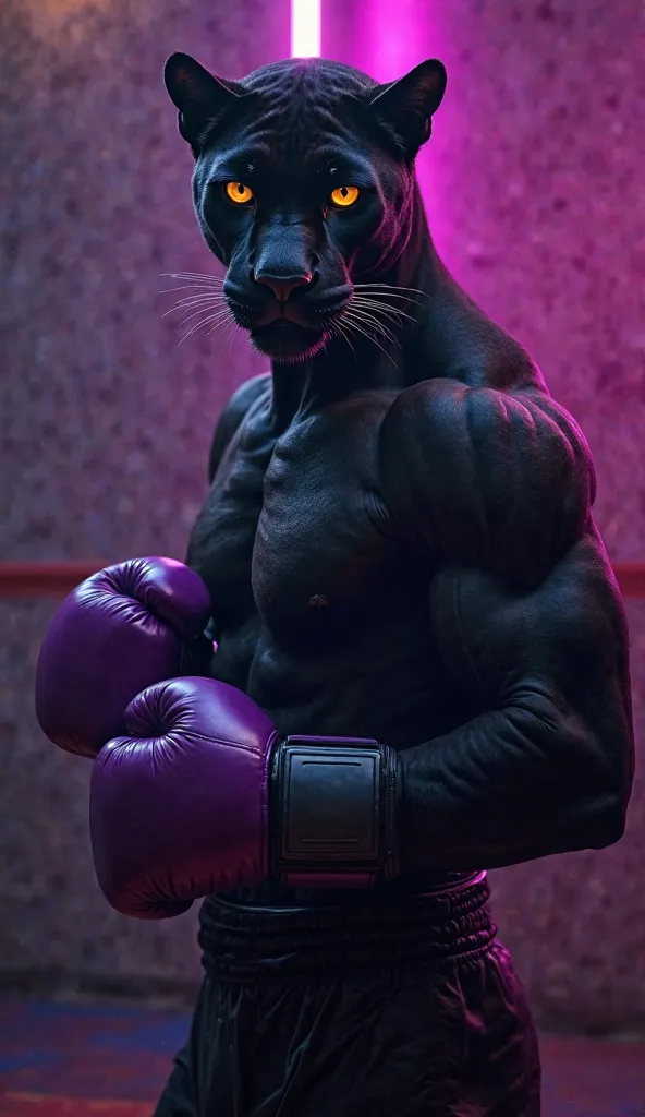 A sleek, with arms and legs black panther boxer stands in the dimly lit gym, his glowing amber eyes locked onto the camera. His smooth, jet-black fur absorbs the shadows, making him appear almost like a living shadow. His muscular frame is coiled with quie...