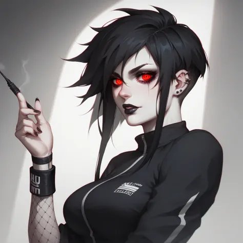 A ash pale skin goth girl long black bob long fringe hair glowing red eyes,white tracksuit,black track pants,bulging veins ,black wristbands,