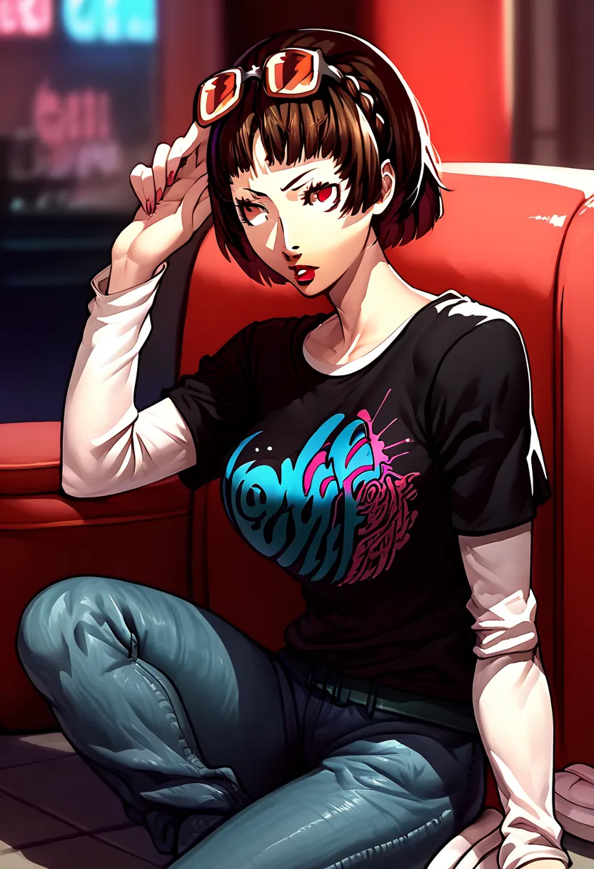 1 girl, sunglasses on head, lipstick, black t-shirt, clothes writing, layered sleeves, large breasts, jeans, Makoto Niijima, red eyes, brown hair, crown braid, sneakers, bob cut