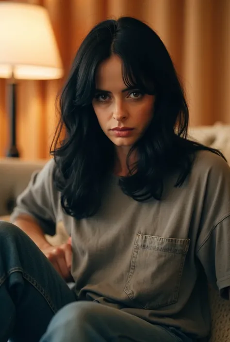 photoshoot, Krysten Ritter sitting on a couch facing you, low camera angle, wearing tight jeans, wearing a grey ringer shirt, stern, domineering expression, dominating, looking right at you, absurdres, high resolution, highly detailed, 4k