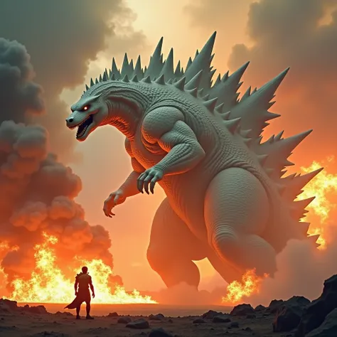 Monstrous giant white Godzilla setting fire 