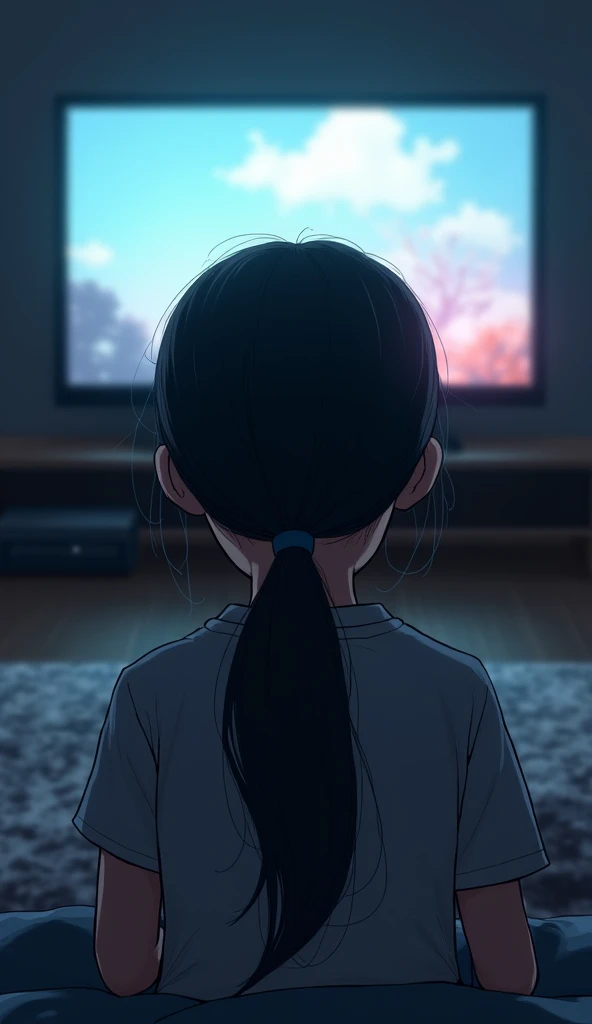 The image must contain a television on the top and on the bottom a girl with black hair tied in a ponytail, Who is sitting watching television but showing the girl's back.