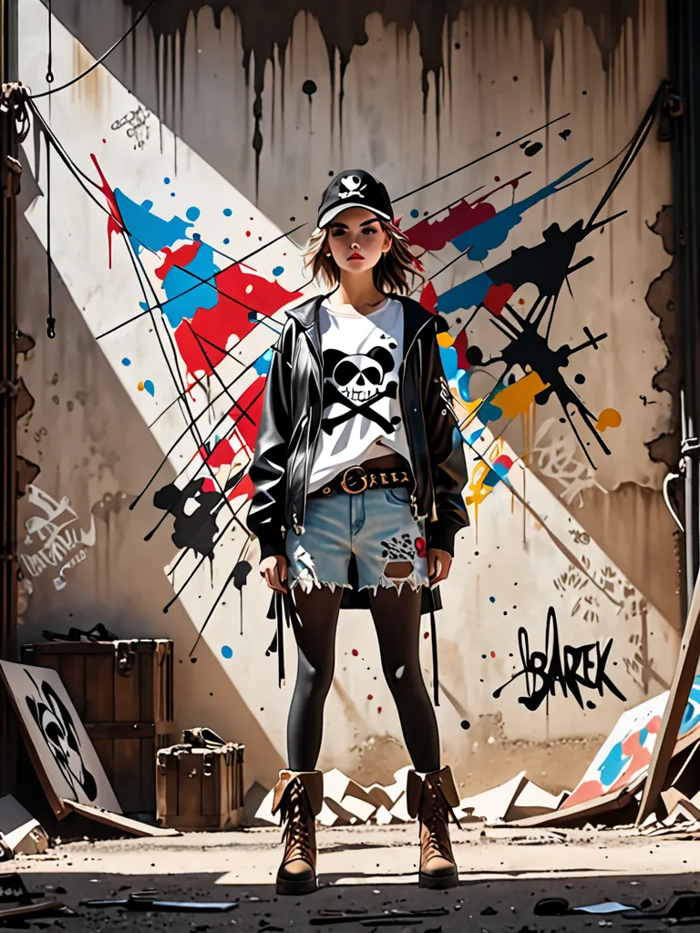  hyperrealism, Simple Line Acronym，Abstract art，Banksy Style , Pirate Girl, fashionable design , 