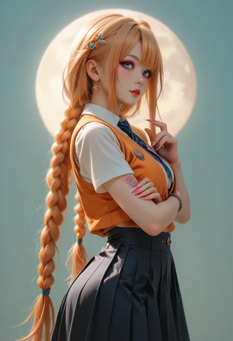 Young girls looking at the full moon orange very long hair orange double braid pink makeup tattoo all over the body blue eyes long eyelashes long nails athletic body slim big buttocks big breasts skirt deep neckline open vest 