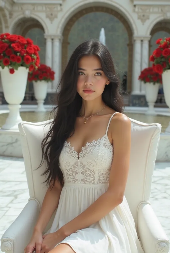 A 20-year-old white-skinned girl, long black hair, dark green eyes, wearing a white strap dress with lace details ,  sitting on a white chair . Inside a marble place with several vases with red roses and further back a giant fountain