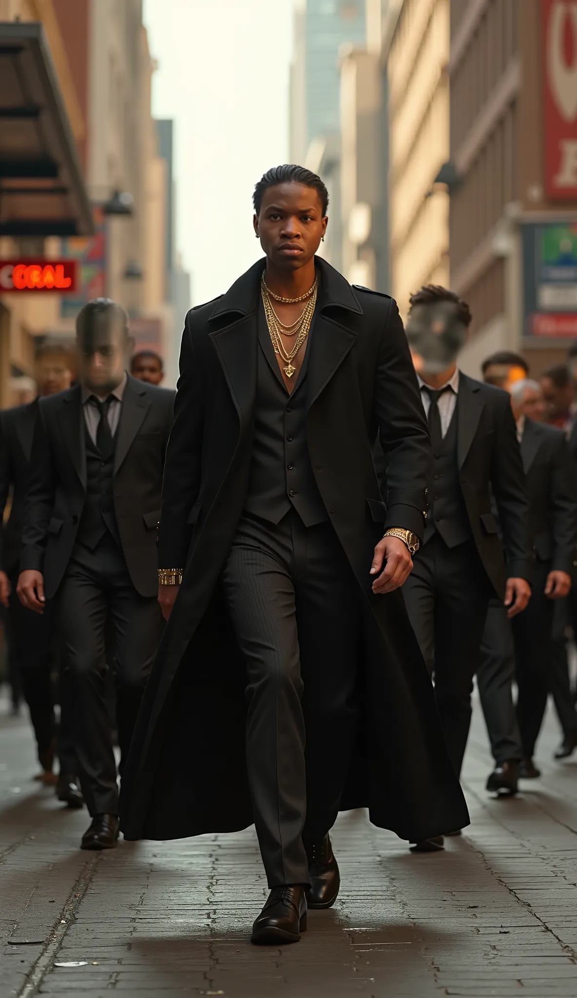 "Kaleb Hawkins leading a group of vampires through a lively city street, wearing a long trench coat, gold jewelry, and aviator sunglasses. His clan is impeccably dressed in designer suits, exuding luxury and danger. The sunlight bounces off the buildings, ...