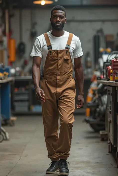 black man, high,  SHORT HAIR, wearing brown mechanic's jumpsuit over a white t shirt, Of black sneakers, in full body, Leaving the workshop, Realistic image, high photographic quality, cinematic quality 