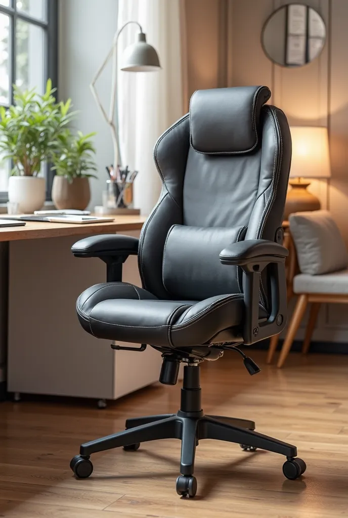 Comfortable padded chair with attached desk, cup and wheel holders. Make it ergonomic