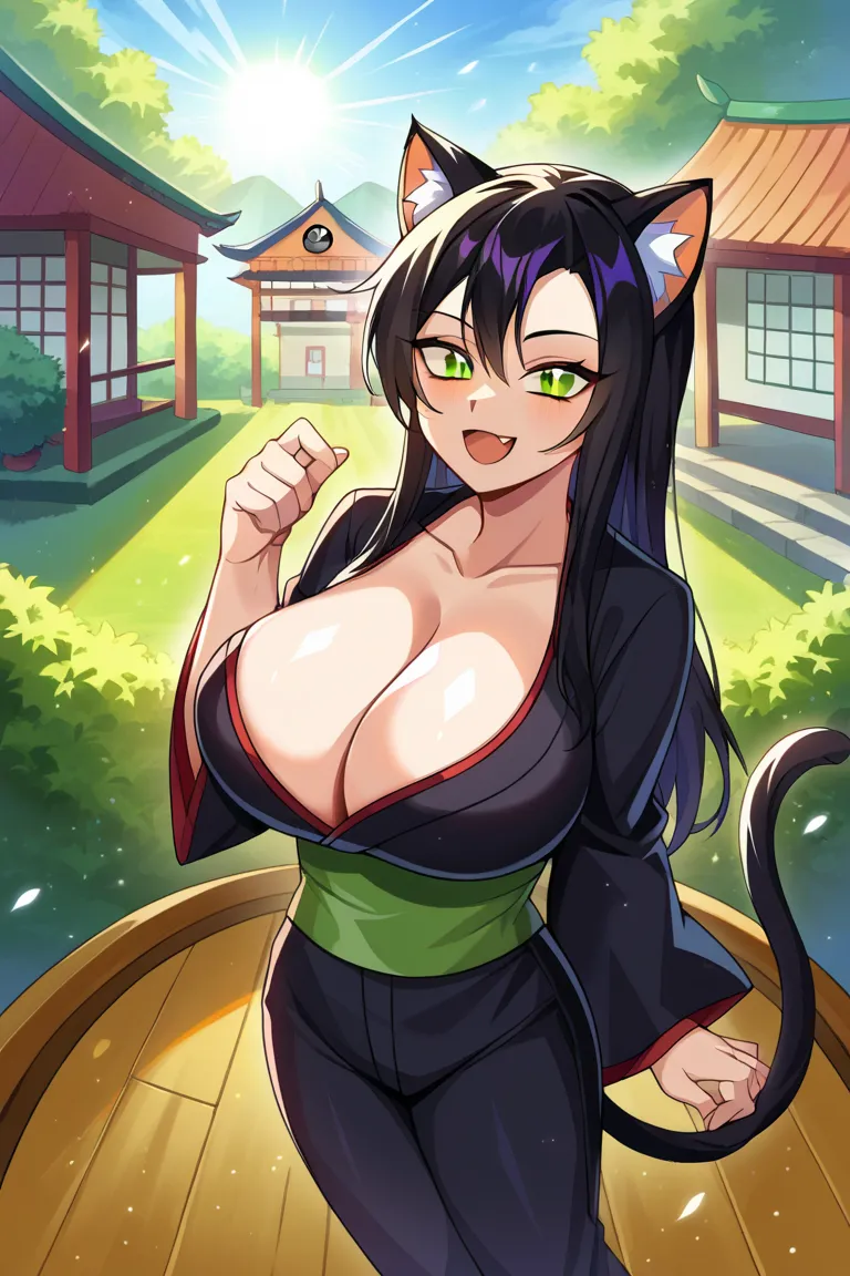  score_9,  score_8_above,   source  _anime BREAK solo , 1 girl,   Looking at the viewer, vaquero disparó, 
Kuroka still , green eyes, slit paboveils,  black hair,  long hair,  animal ears ,  animal ear fluff , cat tail,  cat ears , 2 tails, multiple queues...