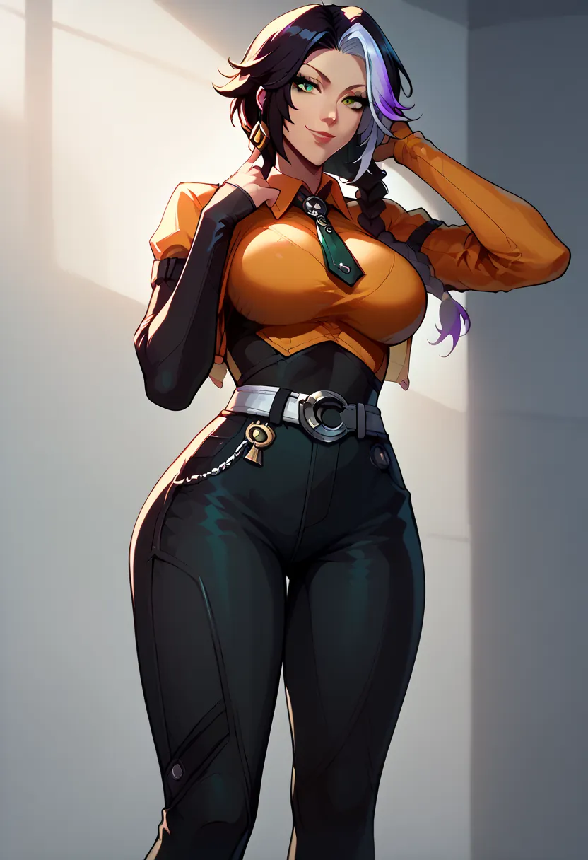 fubuki (one-punch man) black hair, short hair, tight green dress, long sleeves, collared dress, green eyes, perfect large breasts, view from below, sexy pose, dynamic angle Break, perfect lighting, shadows, yoruichi shihouin, long hair, yellow eyes, ponyta...