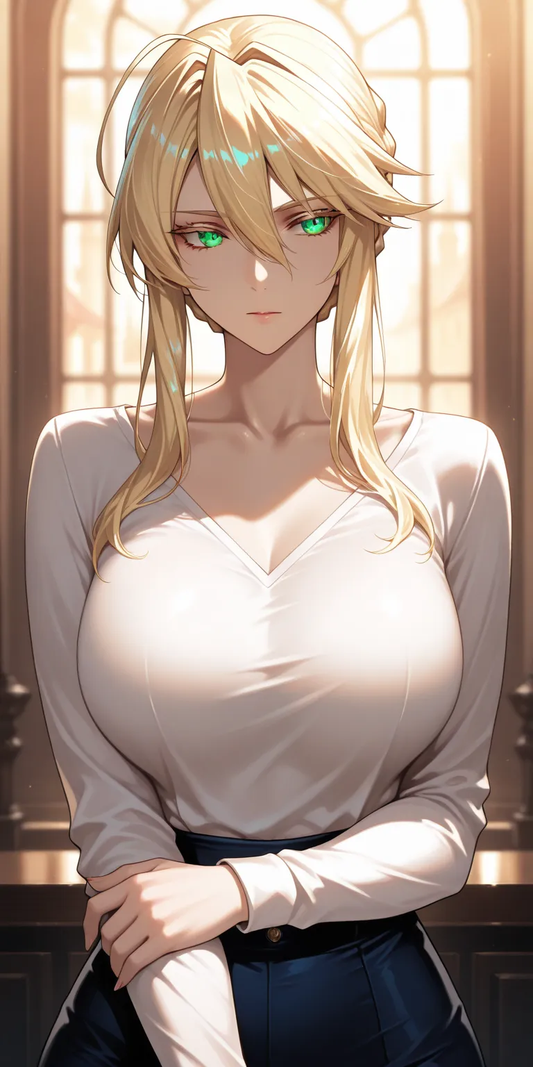 Masterpiece, very aesthetic, vibrant, high contrast, high resolution, ultra detailed, cool and mature woman, artoria Pendragon (lancer), upper body, long sleeve shirt, collarbone, sophisticated, soft light, best quality, newest, castlevania: nocturne anime...