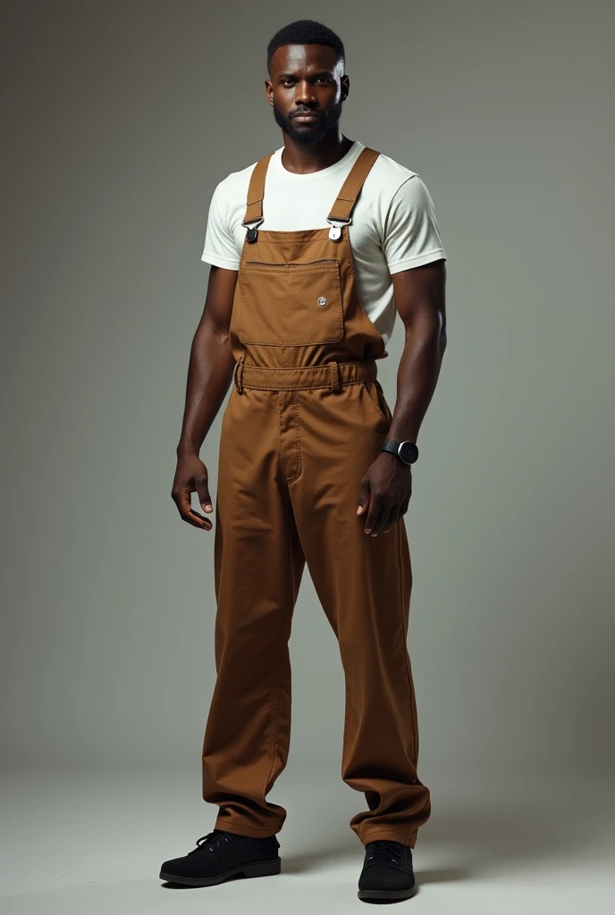 black man, high,  SHORT HAIR, wearing brown mechanic's jumpsuit over a white t shirt, Of black sneakers, in full body, exterior da oficina, Realistic image, high photographic quality, cinematic quality 