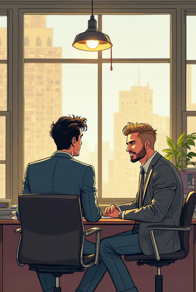 digital illustration, semi-realistic line art, Modern comic book style of a couple of friends in a New York style office with large windows sitting quietly chatting .Liam is a man of attractive and manly appearance, with naturally disheveled dark brown hai...