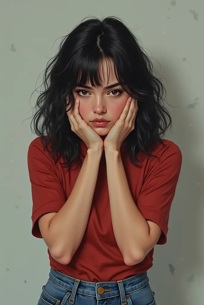 White woman with wavy black hair,  her hands holding her head , wearing red top and jeans, 