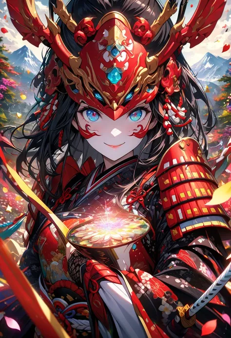 ((Woman, Samurai, Japanese Armor, Red Armor with Black Pattern, Smiling Face))), ((Absurd Dress, High Resolution, Ultra HD, (One Girl:1.3),Mask, Kaleidoscope-like Visuals, Symmetrical Patterns, Vibrant Colors, Geometric Shapes, Mesmerizing Design, Optical ...