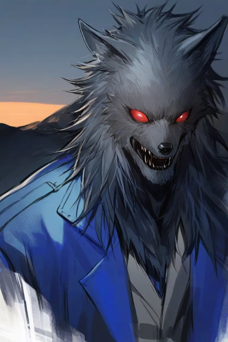 Slender male werewolf。Both eyes are compound eyes。Long coat。sky blue coat。