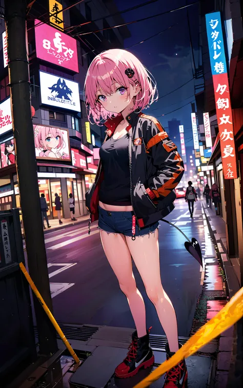モモデbuildingケ, モモ・デbuildingーク, demon Tail,  Hair Flower, hair ornaments close to the garden, purple eyes, pink hair,  short hair, Medium breast,胸の谷間,Tail,riders jacket,tank top outside of anime,Underbomb,belly button sticking,Bare legs,denim micro shorts,sh...