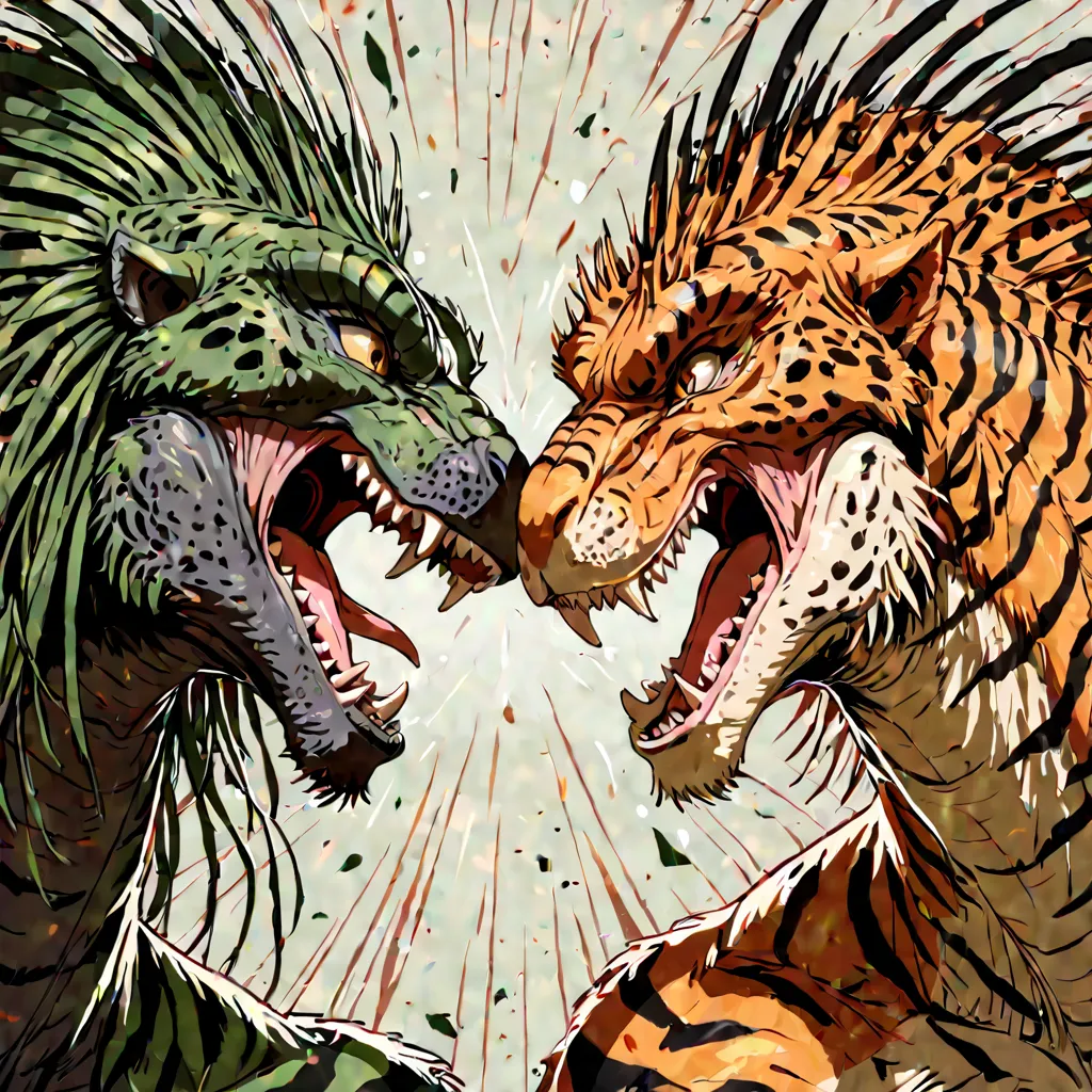 Masterpiece, high detailed, 2 dinosaurs (of different species), face to face, ready for fight each other, roaring to each other, 1 is heated-red colored and the other are Savanna-like green colored with black stripes, in a large florest