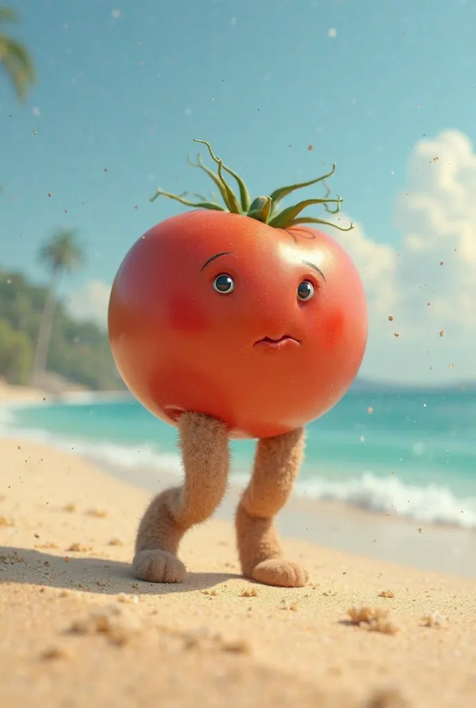 A tomato with inflated legs walks along the beach 