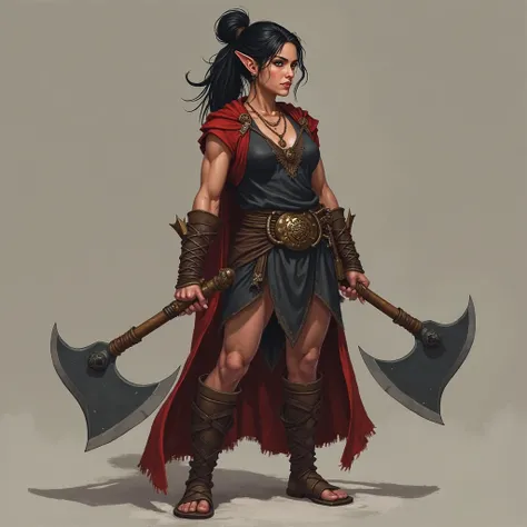 Create a female character showing her full body, From a half-halfling role-playing game featuring the Barbarian class, she is a very strong character who measures 1 meter, Your skin is clean , Half red and her ears are pointed, dark hair tied up, dark clot...