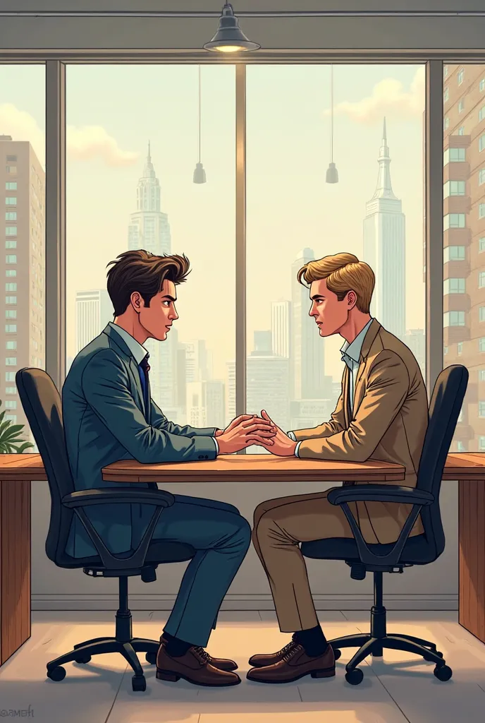 digital illustration, semi-realistic line art, modern comic style of a couple of friends in a New York-style office with large windows sitting quietly chatting .Liam is a man of attractive and manly appearance, with naturally disheveled dark brown hair and...