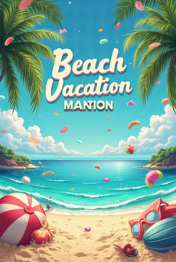 Create a beach vacation poster, with stickers,  images, forms, Word art