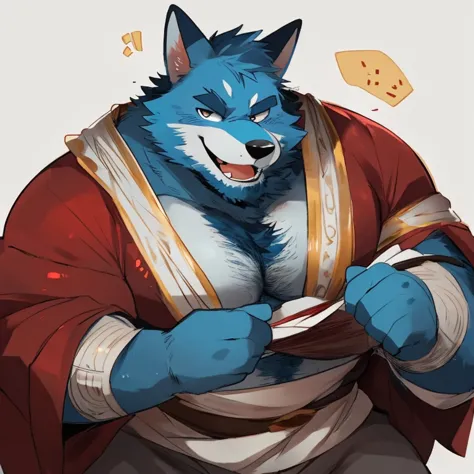 fox, furry, blue fur, handsome, very muscular, very big, extremely hot and sexy, beard, hair, chest hair, charming eyes, solo, male, happy expression, daddy, full body, big body, green medieval clothes, middle aged, by hyaku, by darkgem, by glitter trap bo...