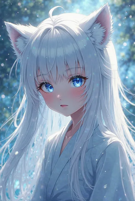 Boy anime character, white hair, long hair,  straight hair, with bangs, beautiful, Starry blue eyes,  White Eyelashes , design,  Kitsune,  Japanese anime .