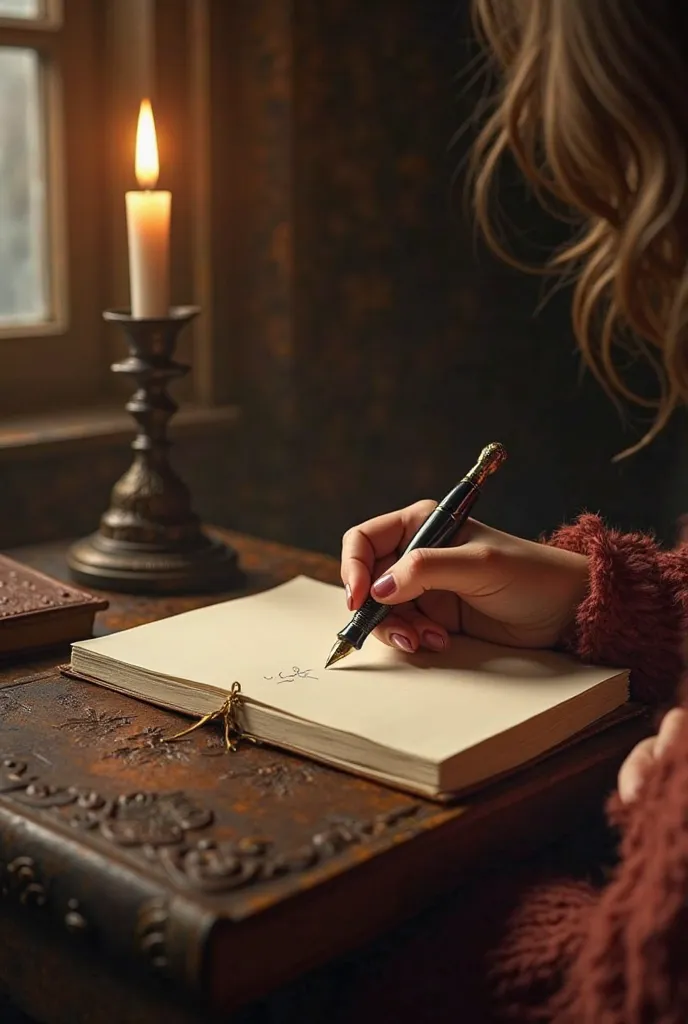 Create an image of a woman's hand writing in a diary