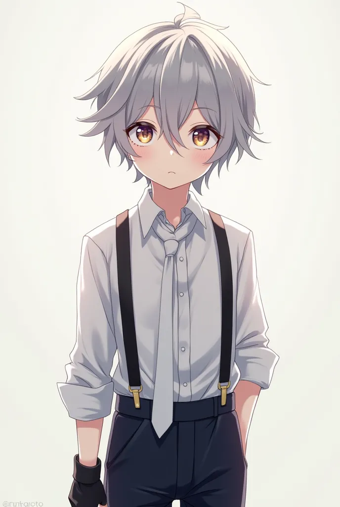 young boy, anime style, bungou stray dogs, skinny boy, silver hair, yellow purple eyes, white shirt, loose white tie, black suspenders, black pants, black boots, fingerless black gloves